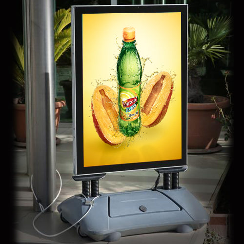 Illuminate your display at night for MAXIMUM promotional views. This STREET-MASTER has a rolling and fillable weighted water base!