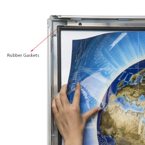 22" x 28" comes with RUBBER GASKETS to help prevent water and other liquid from reaching your graphic.