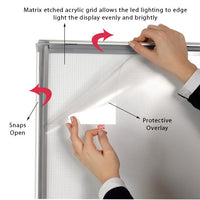 Protective Non-Glare Overlay is Included with 22x28 Illuminated Black Lightbox. This Protects Your Poster, Sign, Graphics and Photographs from Dust and Scratches. The Etched Matrix Acrylic Grid allows the LED Lighting to Edge-Light the display Evenly and Brightly.