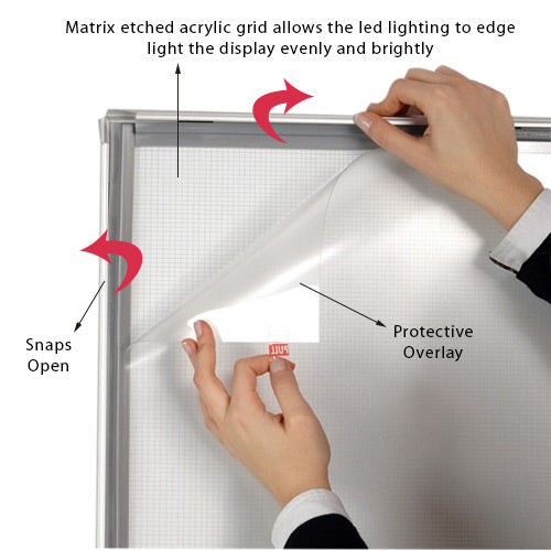 Protective Non-Glare Overlay is Included with 24x36 Illuminated Black Lightbox. This Protects Your Poster, Sign, Graphics and Photographs from Dust and Scratches. The Etched Matrix Acrylic Grid allows the LED Lighting to Edge-Light the display Evenly and Brightly.
